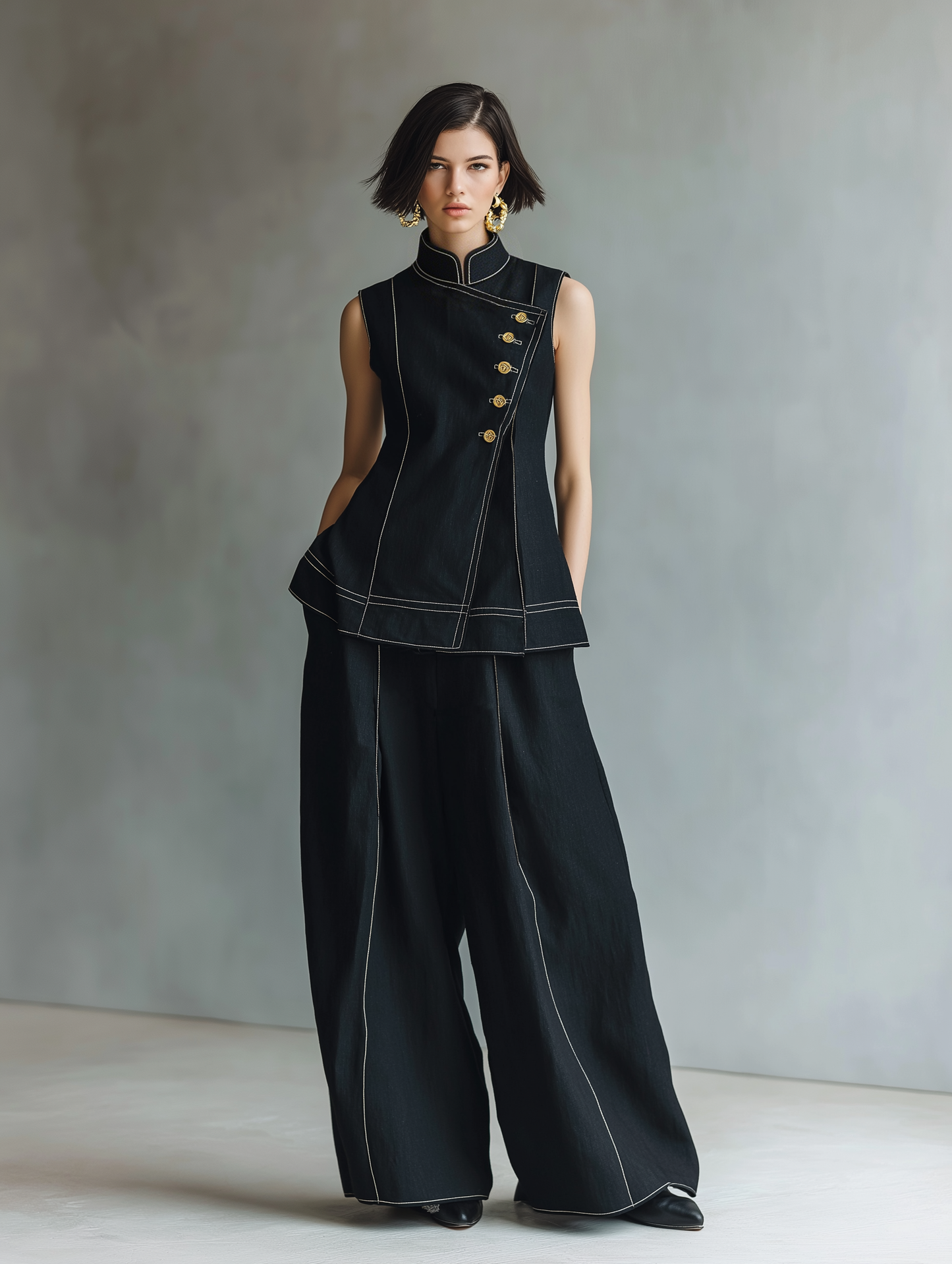 Women's Minimalist Linen-Blend Asymmetrical Sleeveless Shirt & Wide-Leg Pants Set