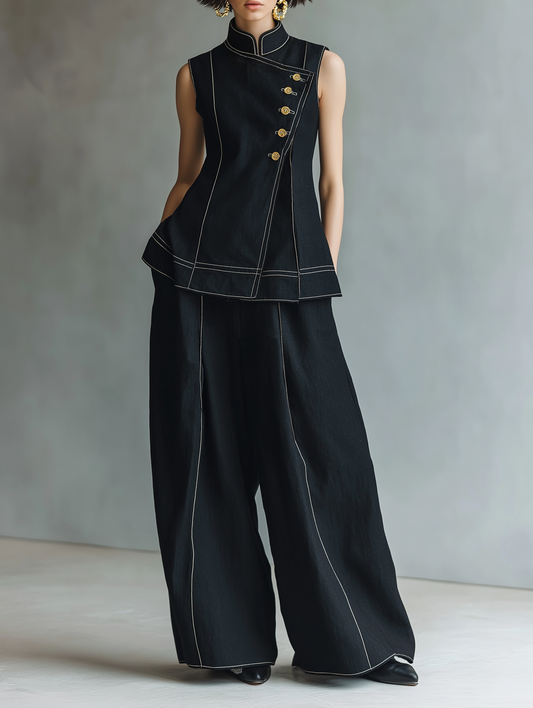 Women's Minimalist Linen-Blend Asymmetrical Sleeveless Shirt & Wide-Leg Pants Set