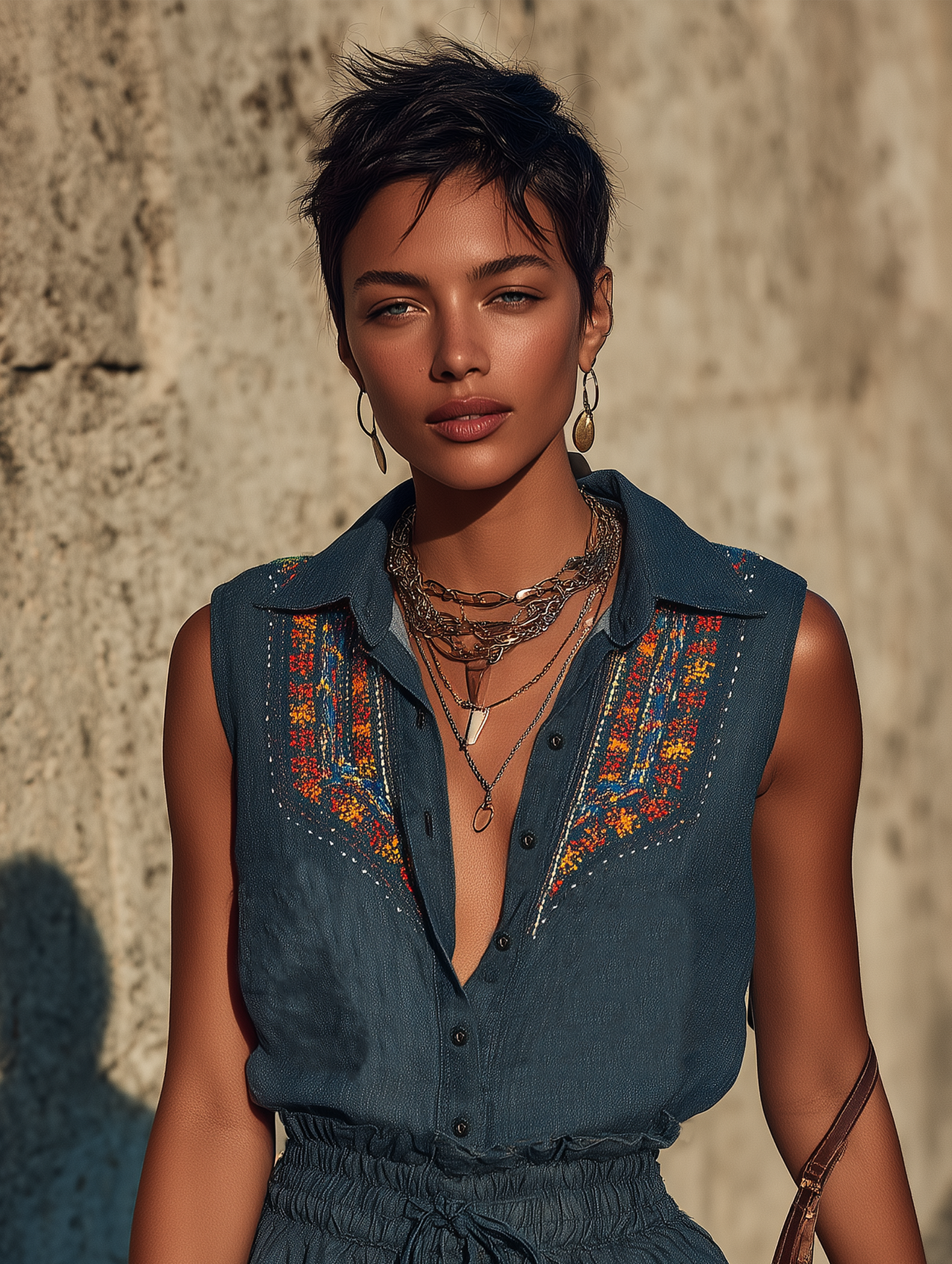 Women's Linen-Blend Sleeveless Collared Romper With Embroidery And Drawstring