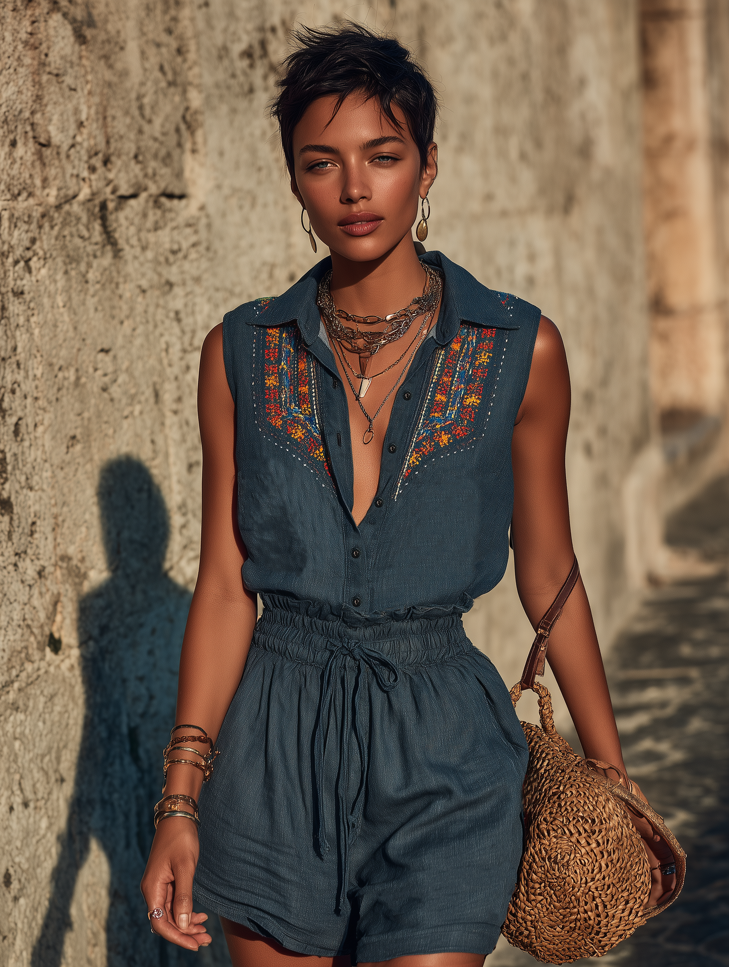 Women's Linen-Blend Sleeveless Collared Romper With Embroidery And Drawstring