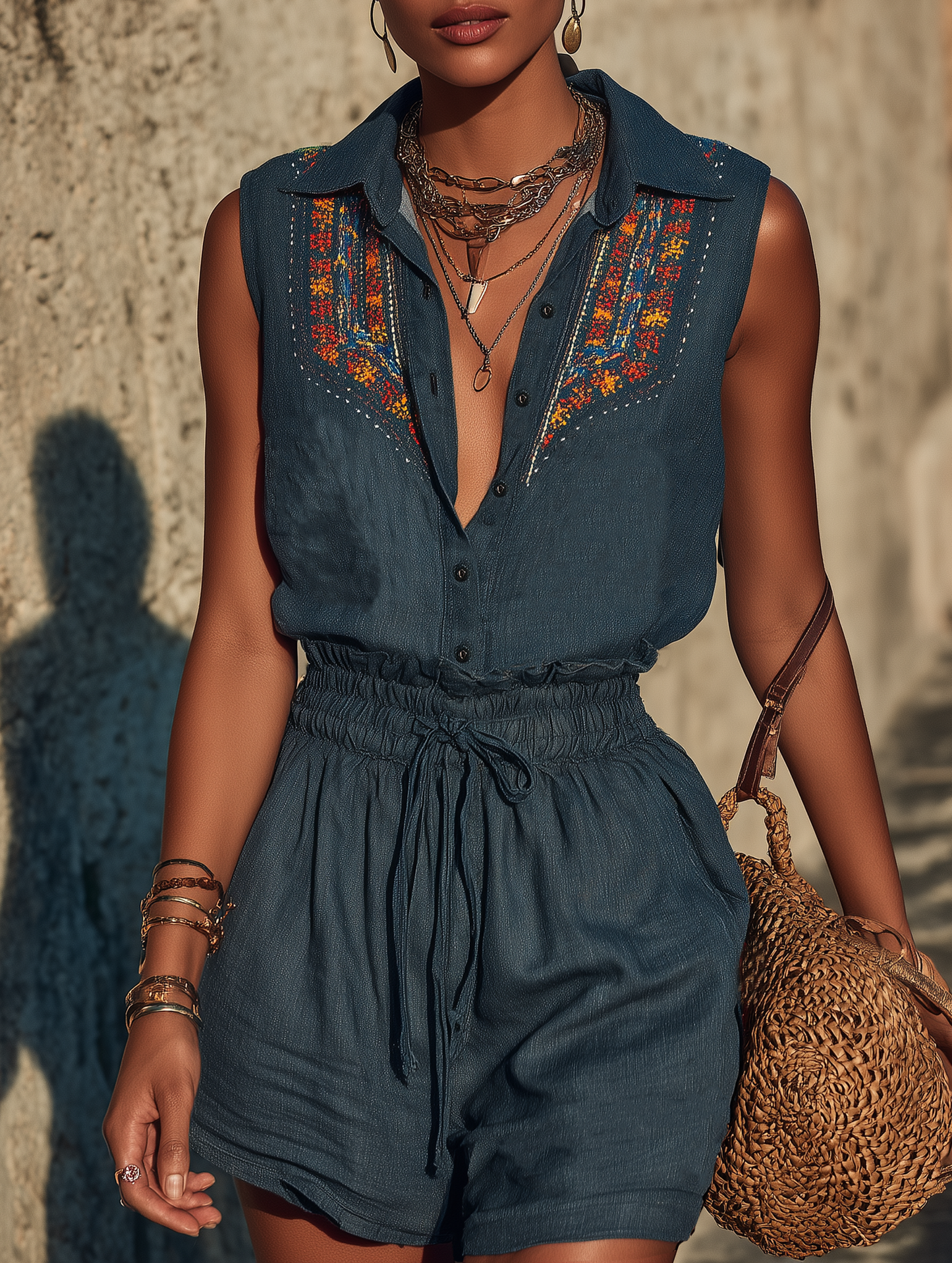 Women's Linen-Blend Sleeveless Collared Romper With Embroidery And Drawstring
