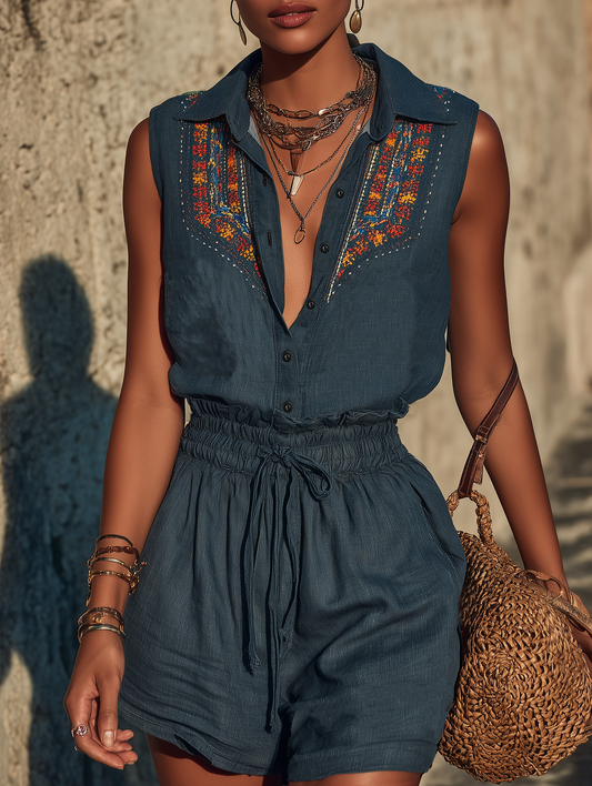 Women's Linen-Blend Sleeveless Collared Romper With Embroidery And Drawstring