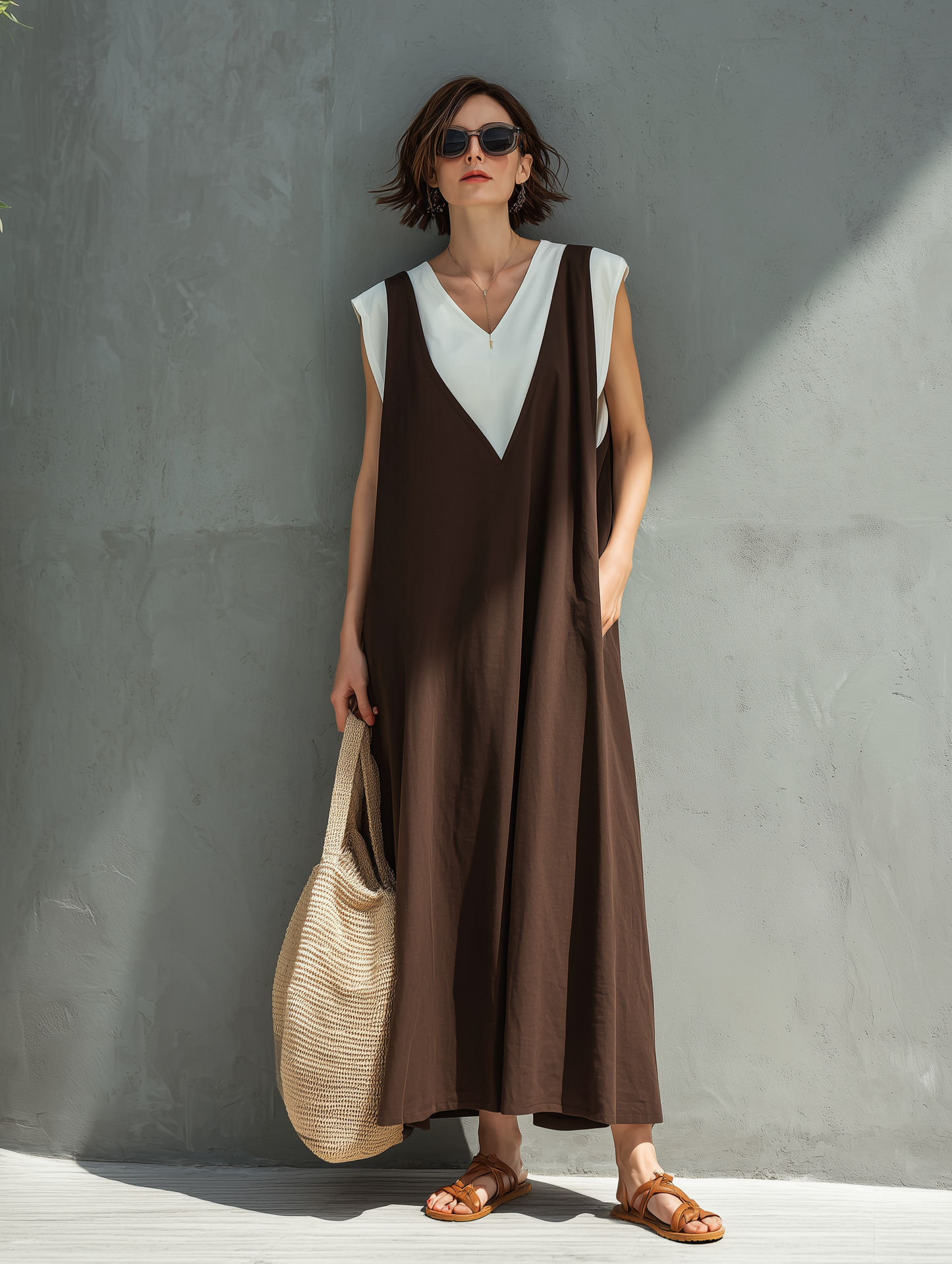 Women’s Boho Brown Linen-Blend Sleeveless V-Neck Oversized Flowy Maxi Dress
