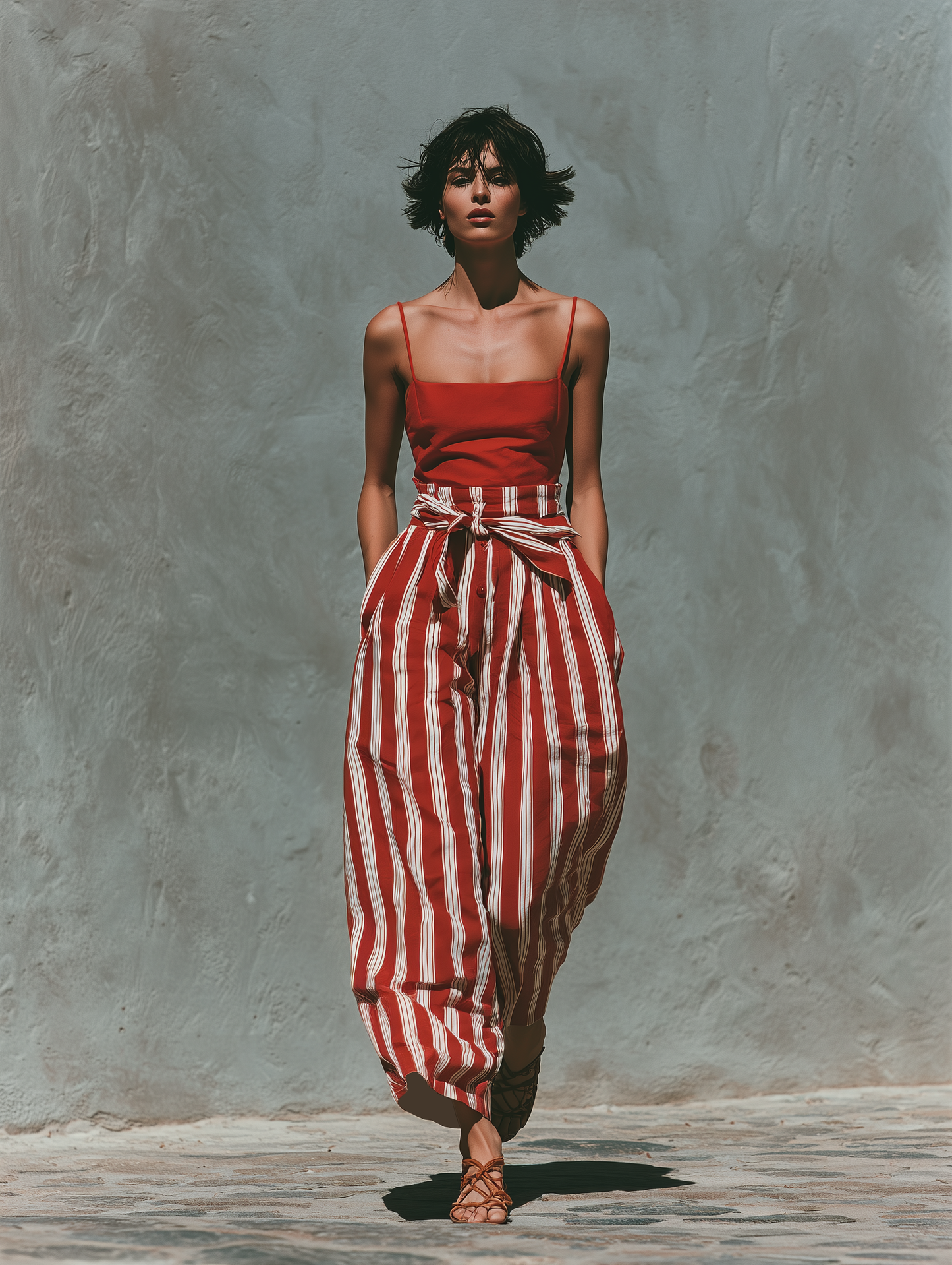Women’s Red Linen-Blend Square Neck Spaghetti Strap Crop Top & Red White Stripe High-Waisted Wide-Leg Pants Two-Piece Set