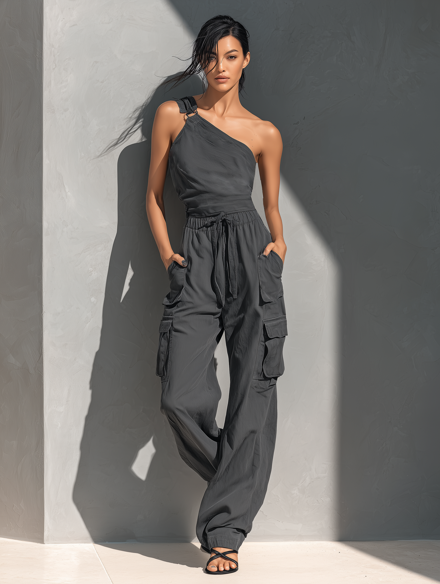 Women's Charcoal Grey Linen-Blend One-Shoulder Tie-Strap Top And Cargo Pants Set