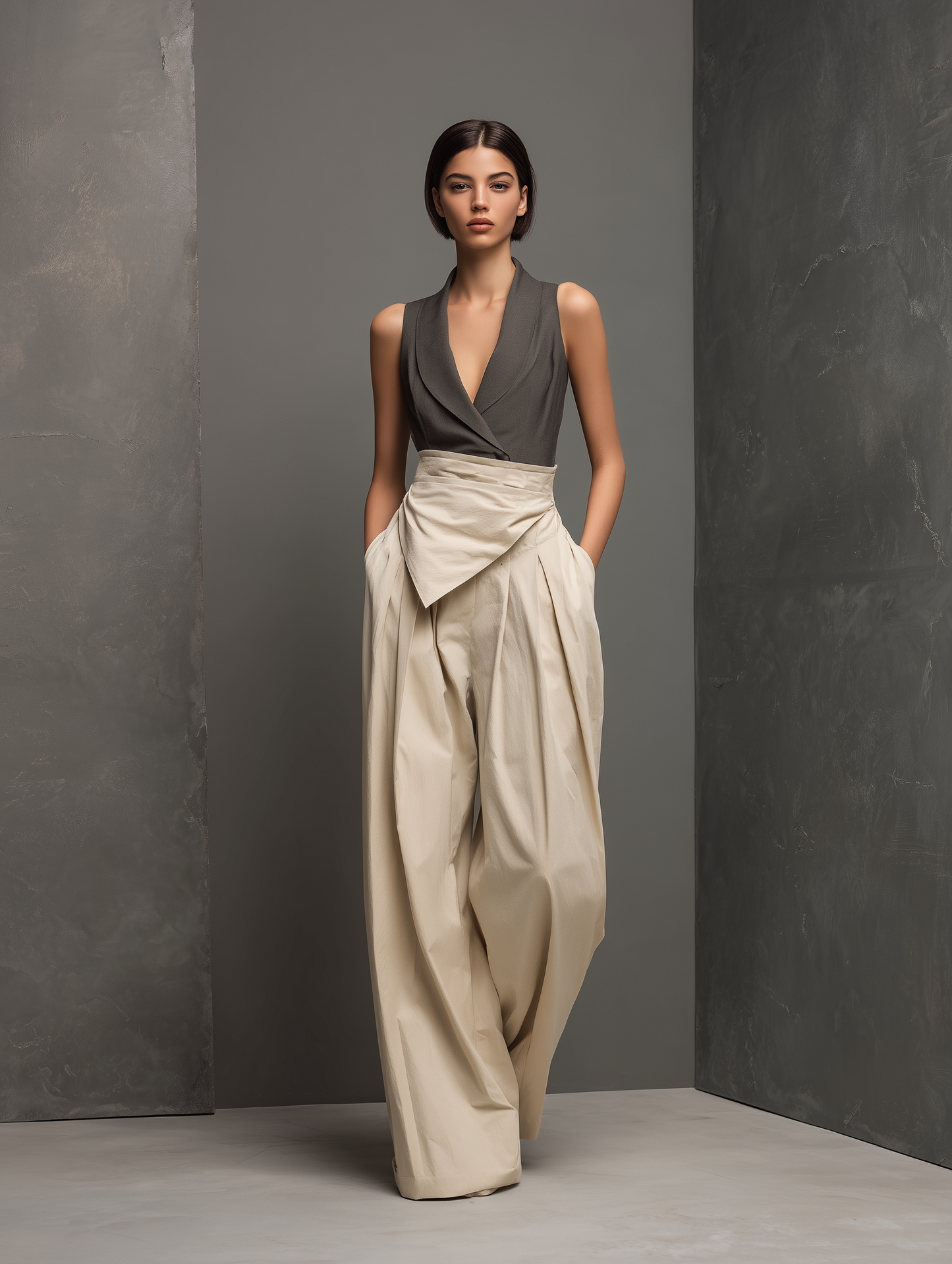Women’s Dark Gray Shawl Collar Sleeveless Top & Beige High-Waisted Wide-Leg Pants Two-Piece Set
