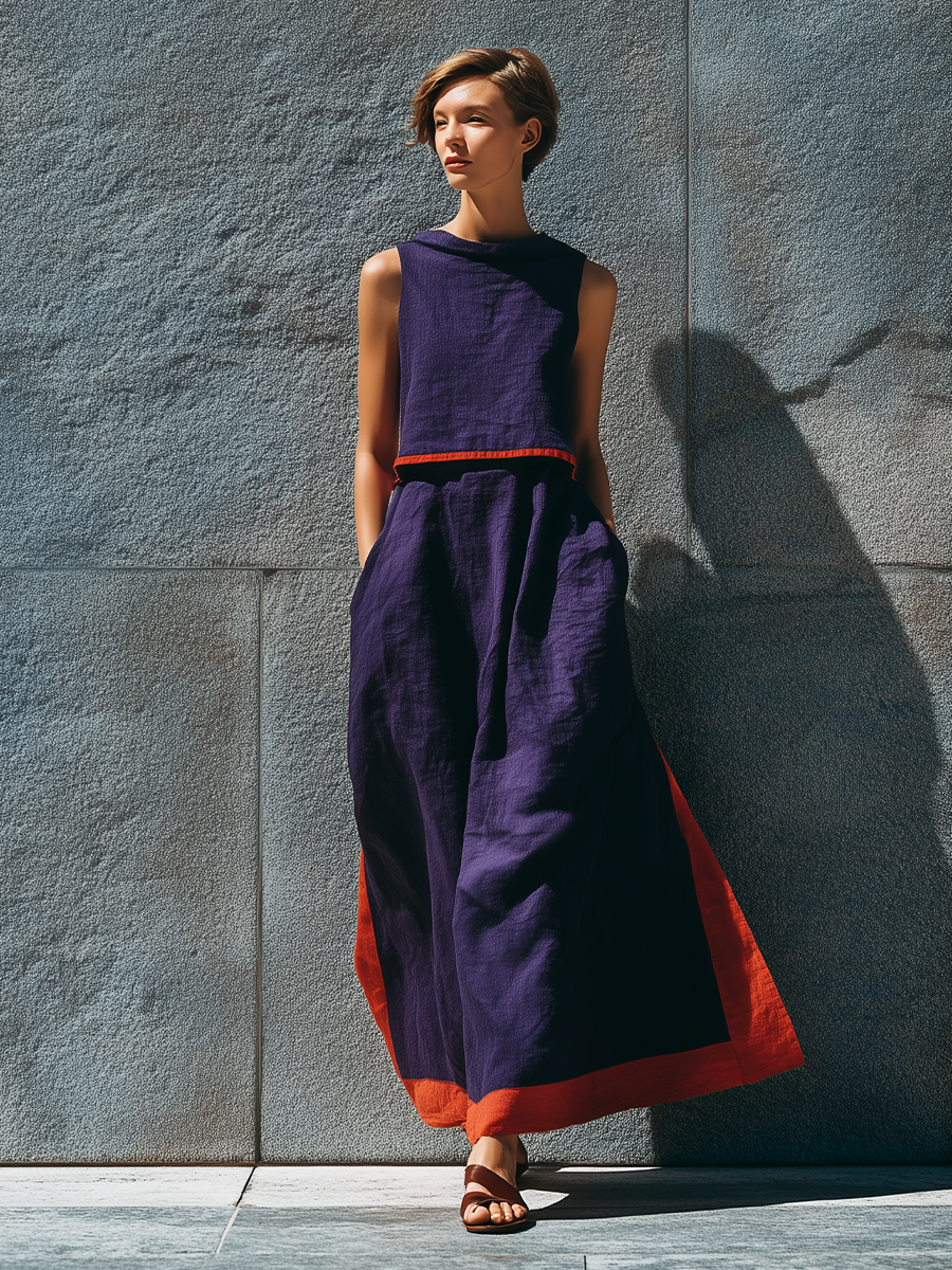 Women's Deep Purple Linen-Blend Set: Crew-Neck Sleeveless Top With Contrast Trim And Matching Skirt