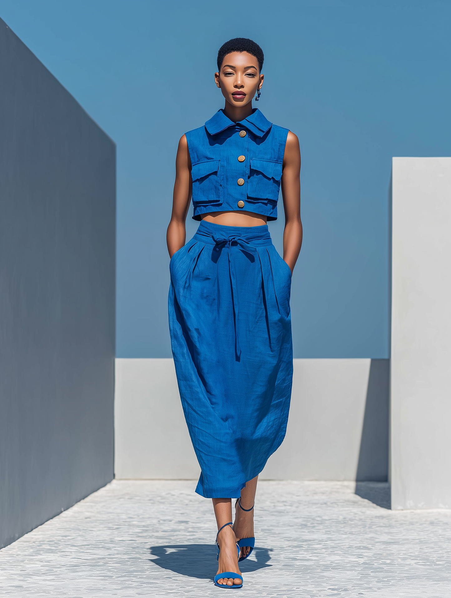 Women’s Blue Linen-Blend Sleeveless Collared Crop Top & High-Waisted Tie-Waist Midi Skirt Two-Piece Set