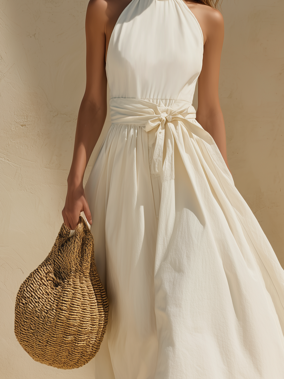 Women's Casual White Cotton-Linen Sleeveless Maxi Dress With Round Neck