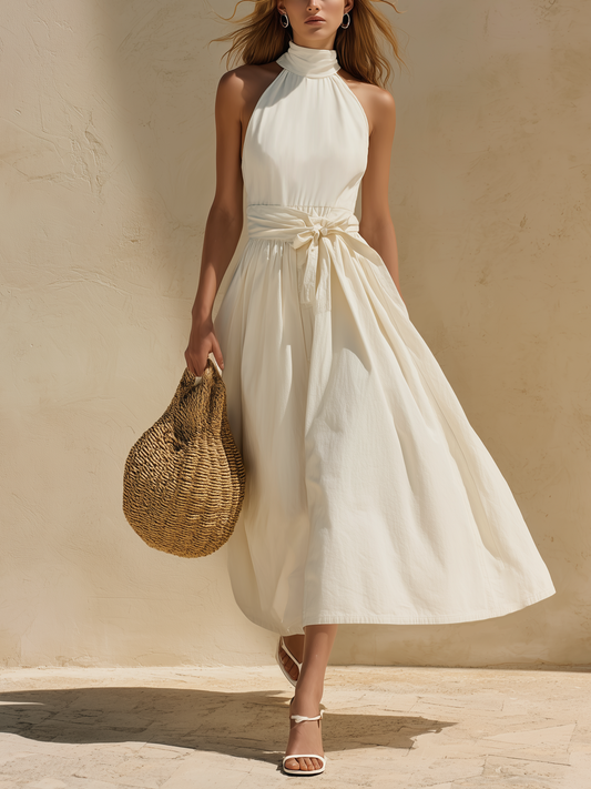 Women's Casual White Cotton-Linen Sleeveless Maxi Dress With Round Neck