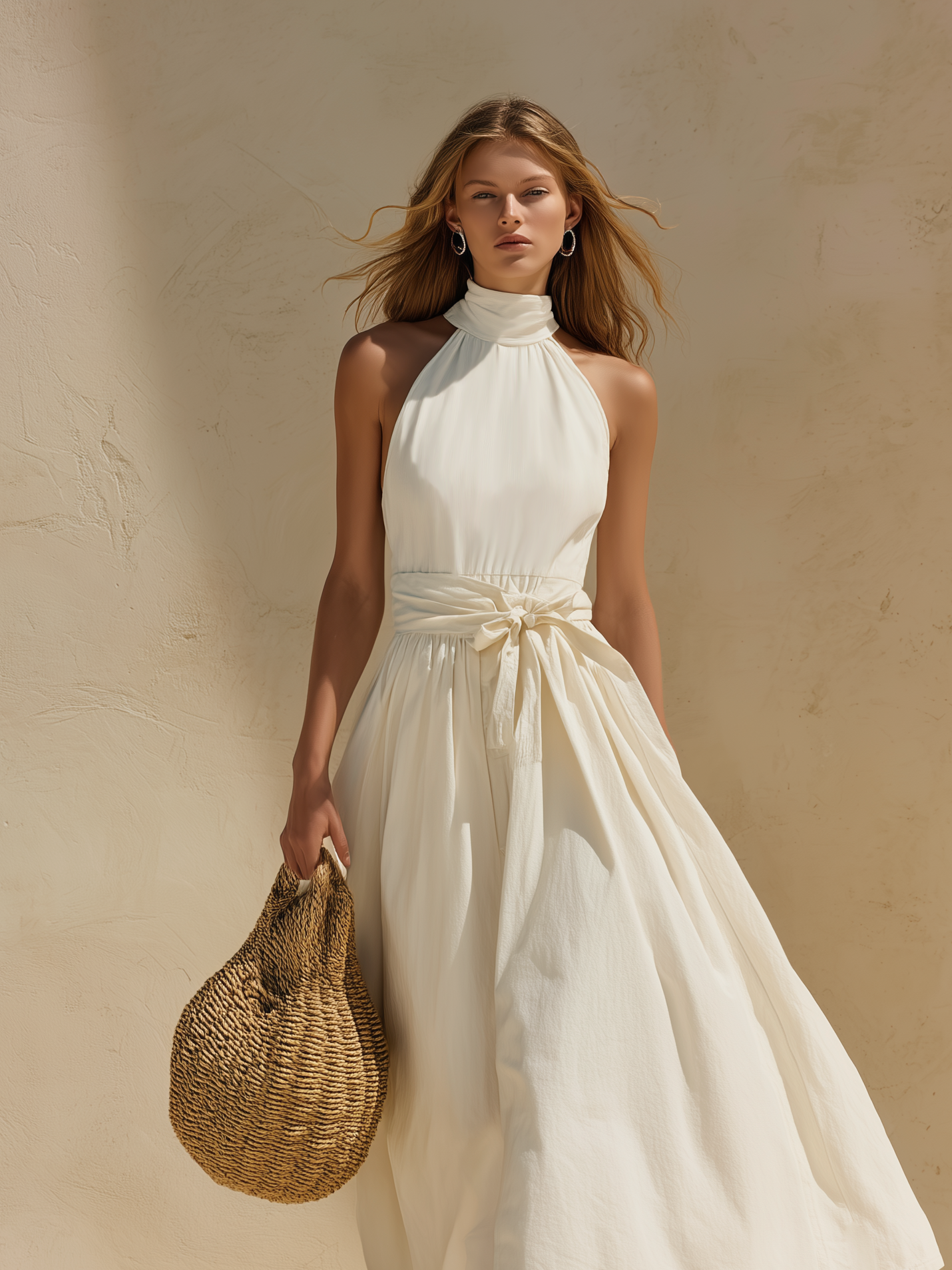 Women's Casual White Cotton-Linen Sleeveless Maxi Dress With Round Neck
