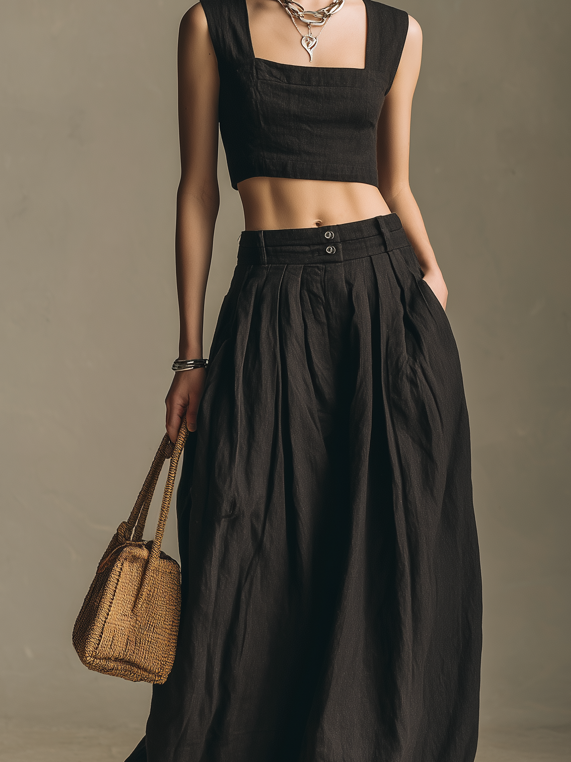 Women's Casual Black Cotton-Linen Square-Neck Sleeveless Top And Long Skirt Set