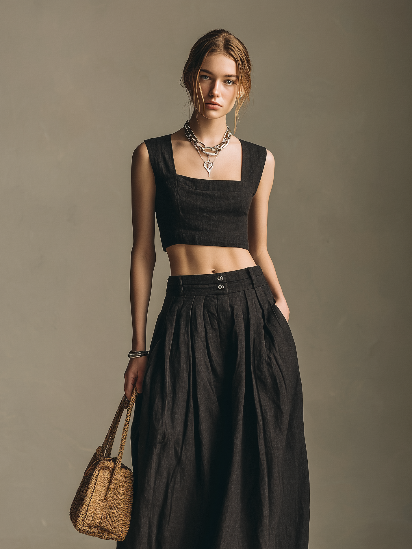 Women's Casual Black Cotton-Linen Square-Neck Sleeveless Top And Long Skirt Set