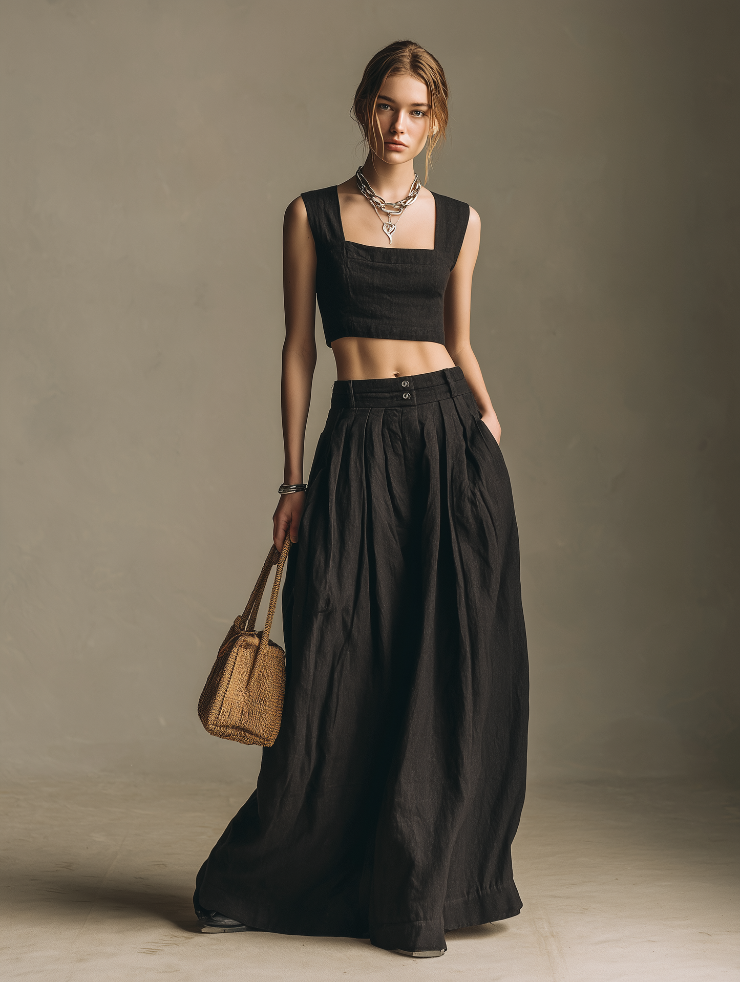 Women's Casual Black Cotton-Linen Square-Neck Sleeveless Top And Long Skirt Set