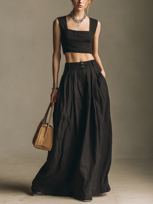 Women's Casual Black Cotton-Linen Square-Neck Sleeveless Top And Long Skirt Set