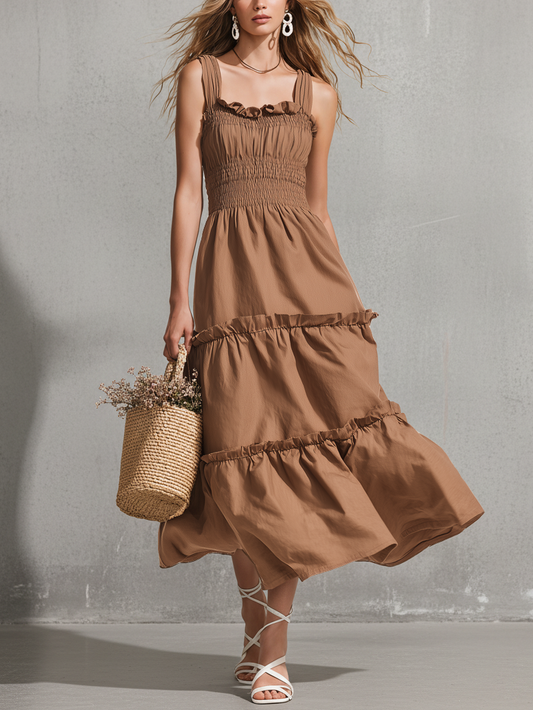 Women's Casual Light Brown Woven Sleeveless Spaghetti-Strap Stretch Maxi Dress