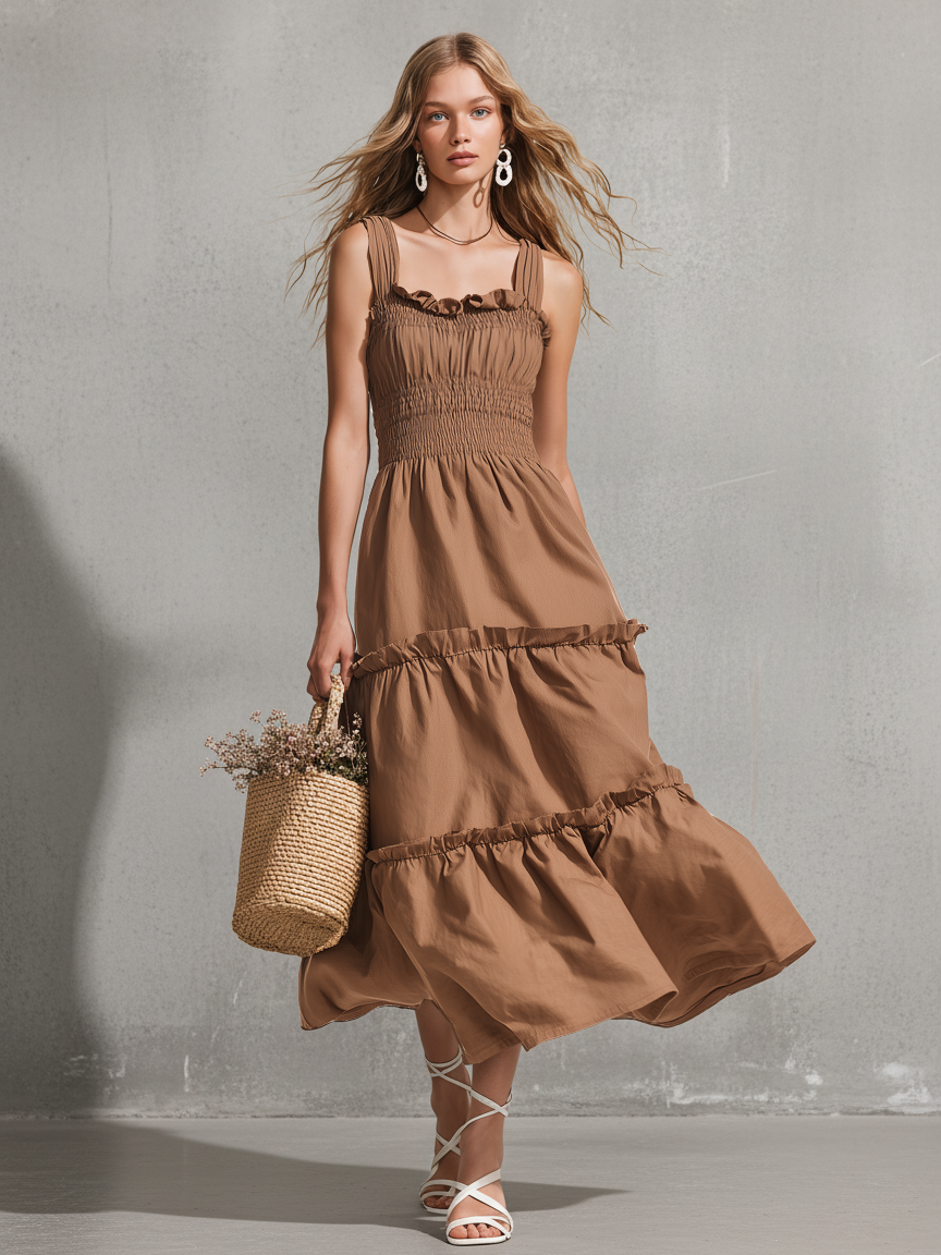 Women's Casual Light Brown Woven Sleeveless Spaghetti-Strap Stretch Maxi Dress