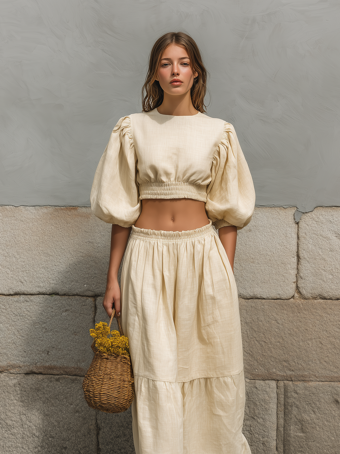 Women's Casual Beige Cotton-Linen Round-Neck Puff-Sleeve Top Paired With A Long Skirt