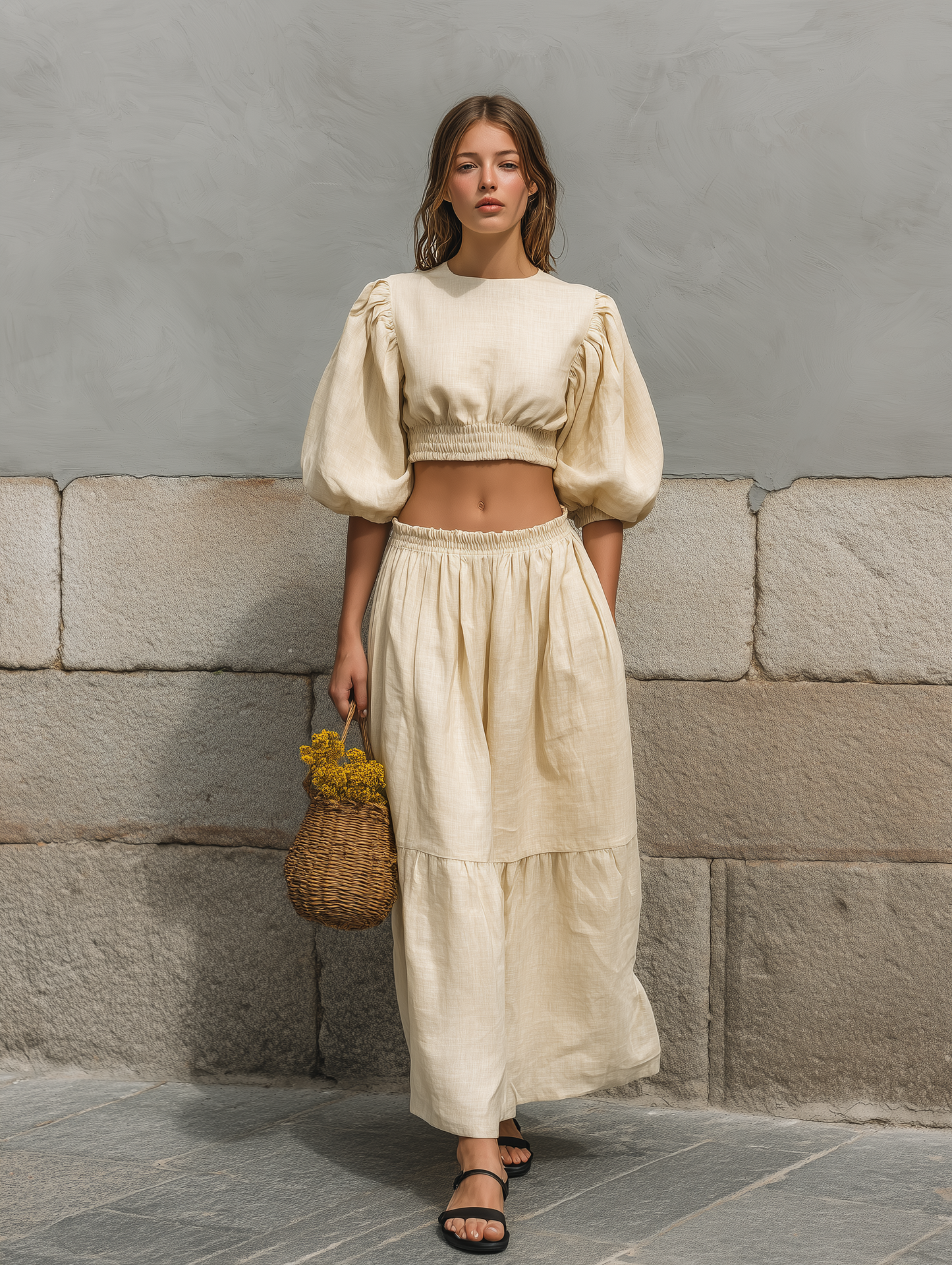 Women's Casual Beige Cotton-Linen Round-Neck Puff-Sleeve Top Paired With A Long Skirt