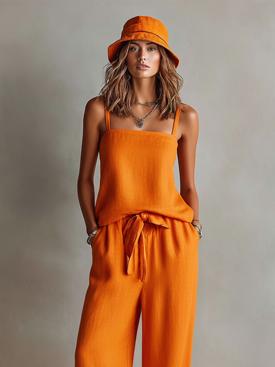 Women's Orange Linen Two-Piece Set With Square Neck Cami Top & Tie-Waist Wide-Leg Pants, Timeless Boho-Resort Style Set