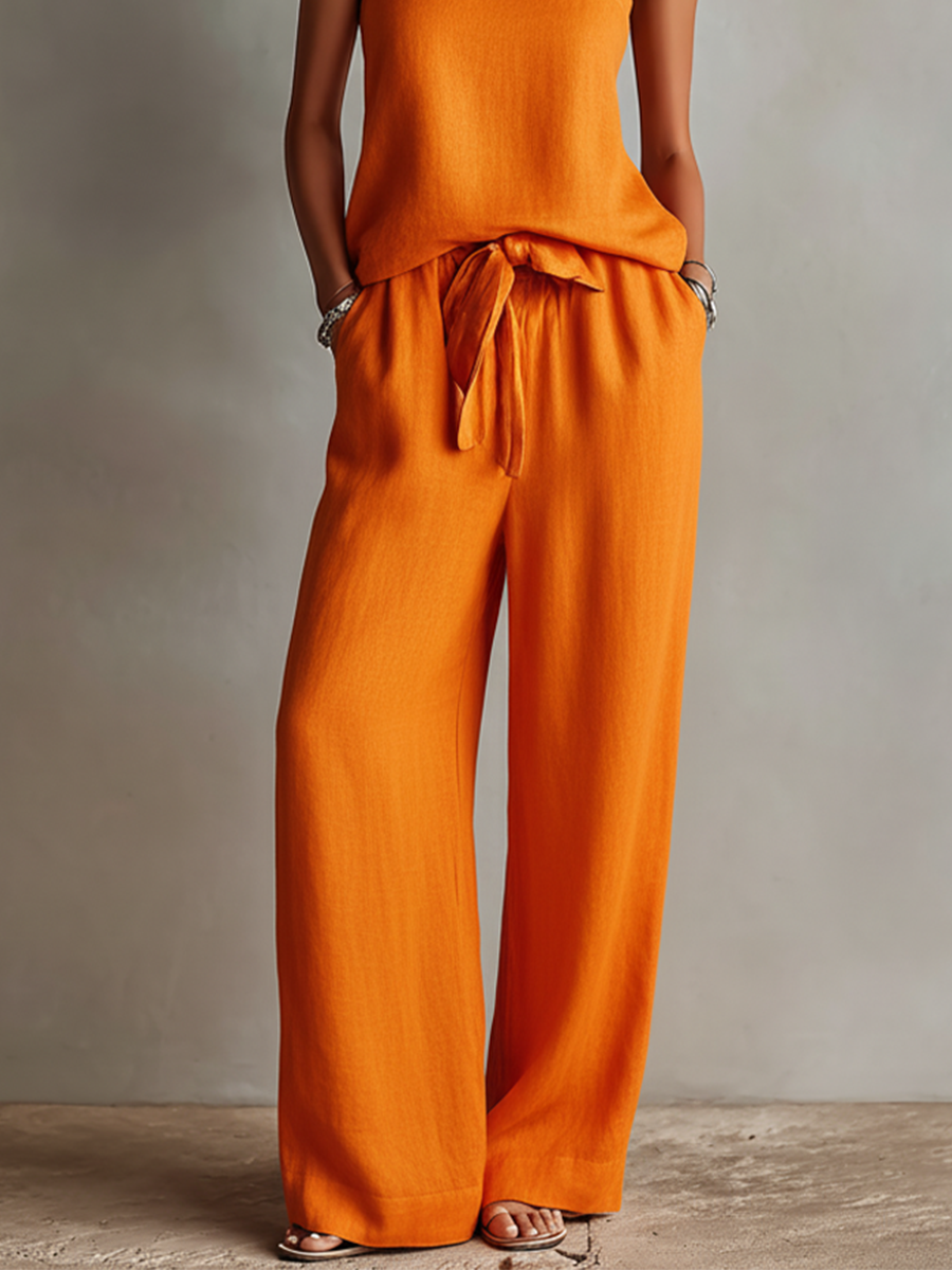 Women's Orange Linen Two-Piece Set With Square Neck Cami Top & Tie-Waist Wide-Leg Pants, Timeless Boho-Resort Style Set