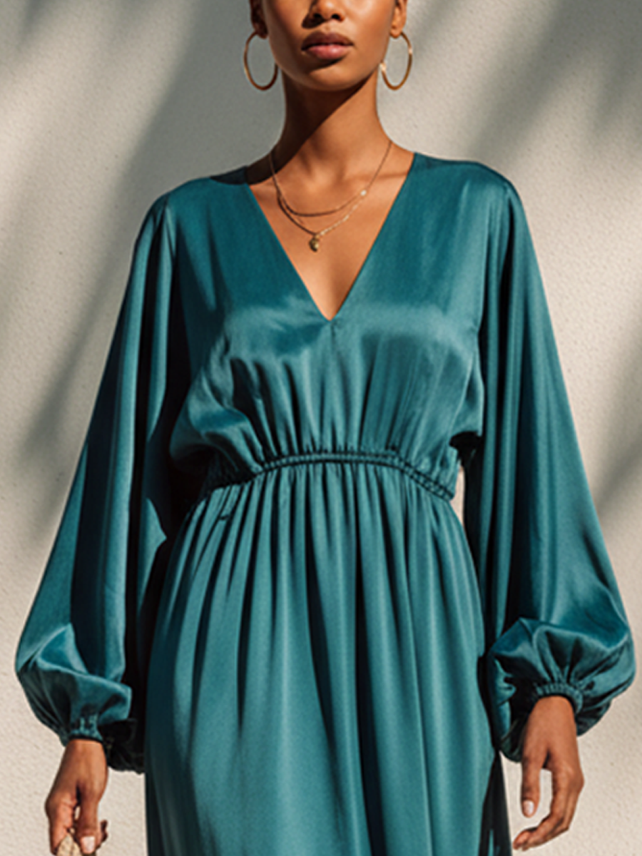 Women's Elegant Blue-Green Satin Lantern Sleeve V-Neck Long Dress