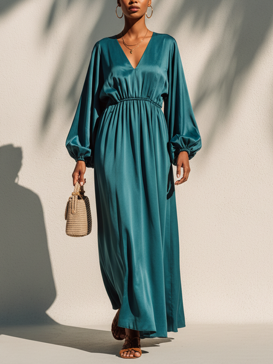 Women's Elegant Blue-Green Satin Lantern Sleeve V-Neck Long Dress
