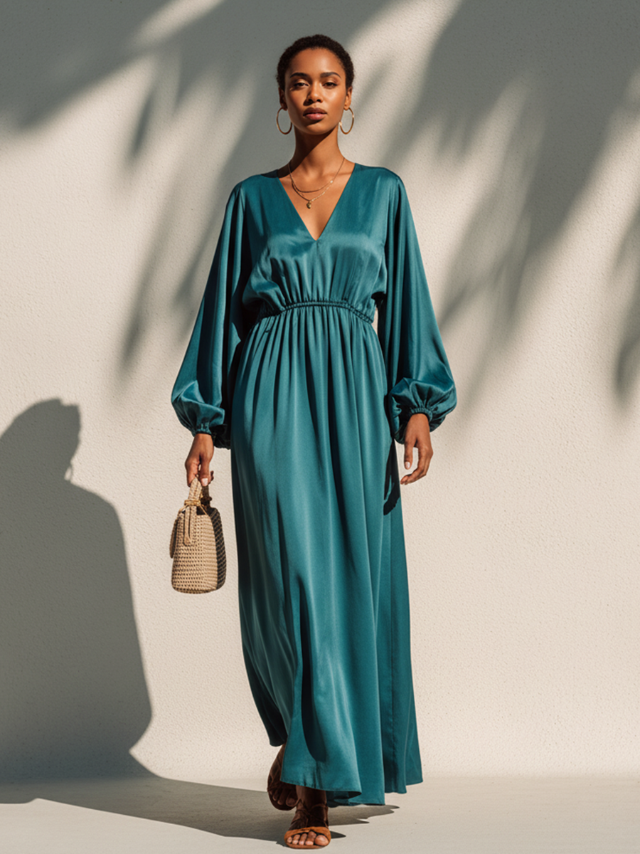 Women's Elegant Blue-Green Satin Lantern Sleeve V-Neck Long Dress