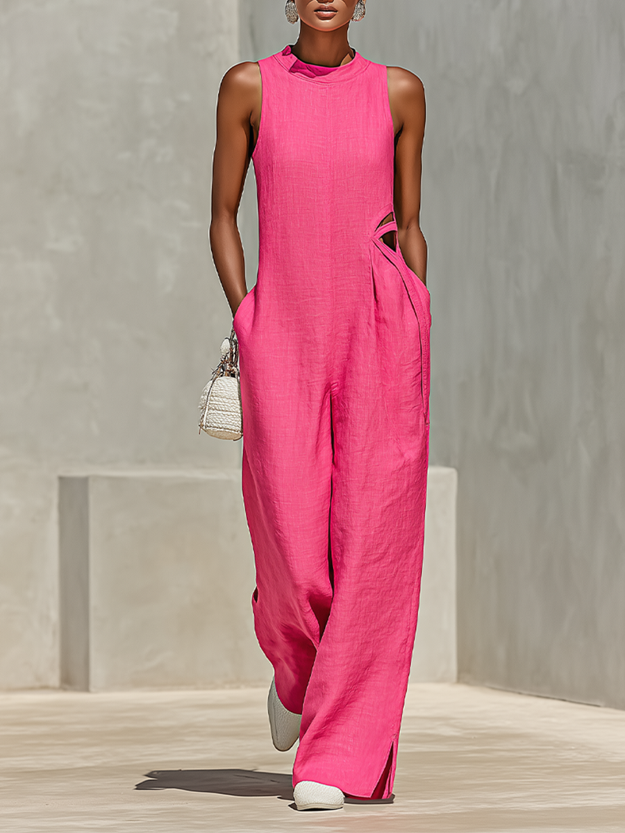 Women's Hot Pink Lightweight Linen Jumpsuit With Sleeveless Halter Neck & Slit Hem, Modern Feminine-Elegant Style Jumpsuit