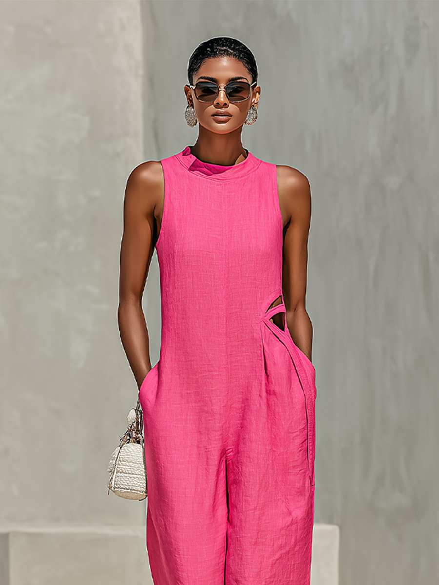 Women's Hot Pink Lightweight Linen Jumpsuit With Sleeveless Halter Neck & Slit Hem, Modern Feminine-Elegant Style Jumpsuit