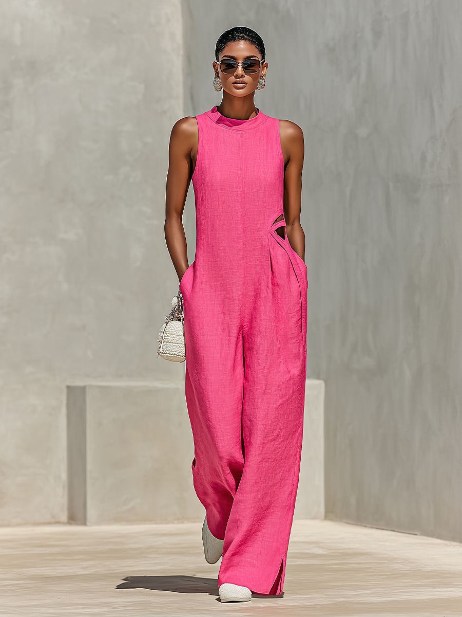 Women's Hot Pink Lightweight Linen Jumpsuit With Sleeveless Halter Neck & Slit Hem, Modern Feminine-Elegant Style Jumpsuit