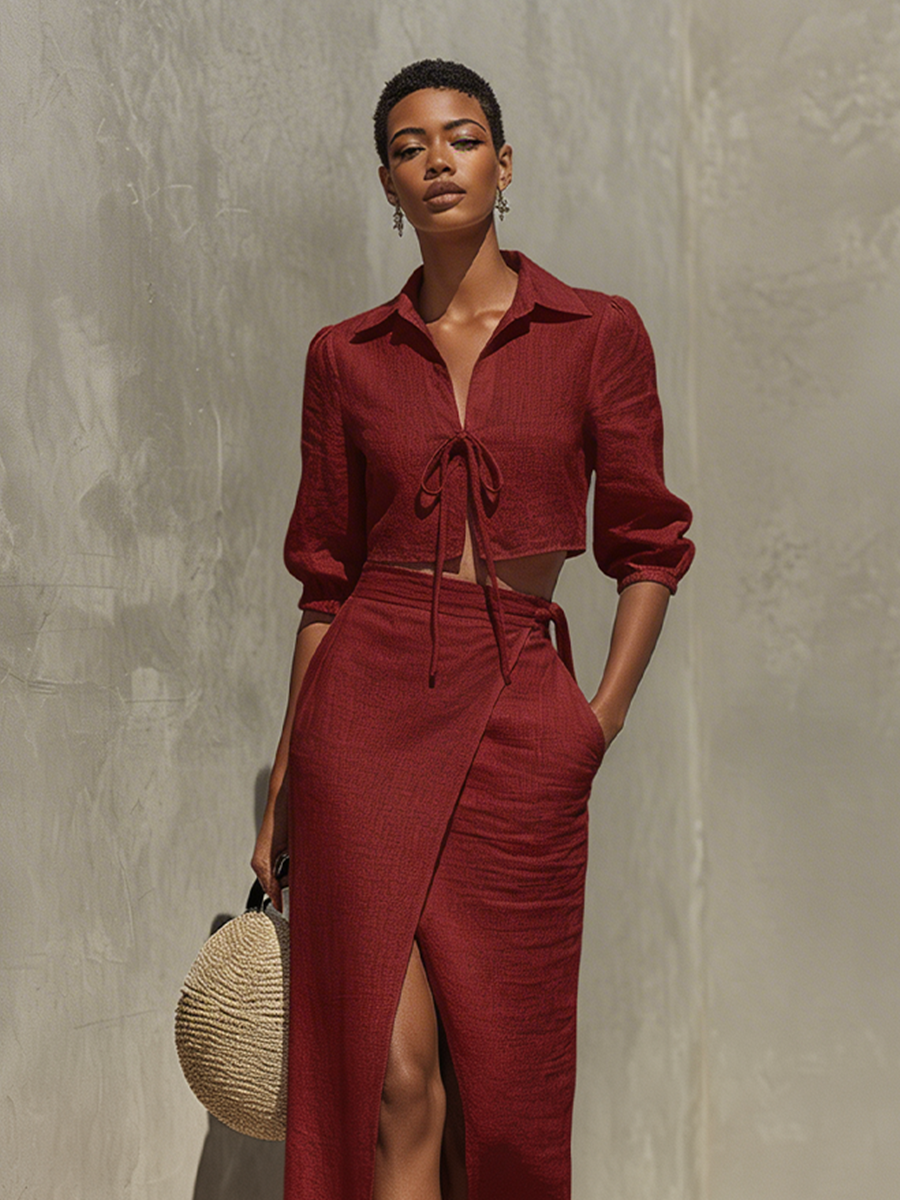 Women's Burgundy Linen Two-Piece Set With Tie-Front Crop Top & Wrap Midi Skirt, Timeless Resort-Chic Style Set