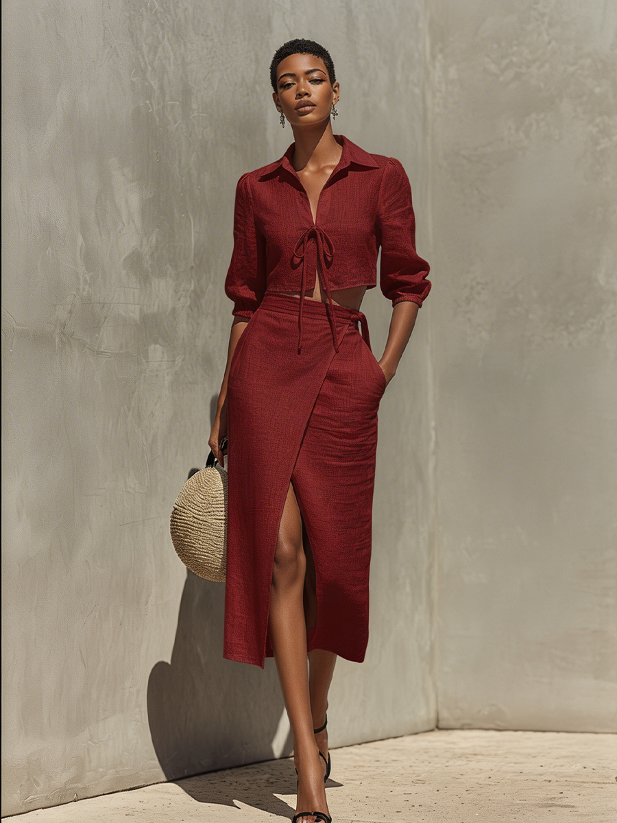 Women's Burgundy Linen Two-Piece Set With Tie-Front Crop Top & Wrap Midi Skirt, Timeless Resort-Chic Style Set