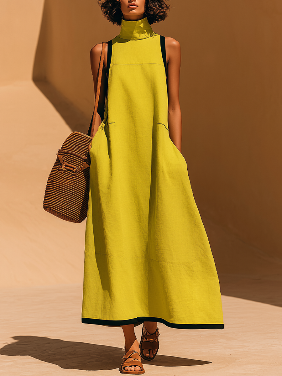 Women's Green Linen Maxi Dress With High Mock Neck & Contrast Trim, Timeless Minimalist-Resort Style Dress