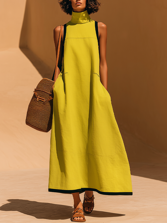 Women's Green Linen Maxi Dress With High Mock Neck & Contrast Trim, Timeless Minimalist-Resort Style Dress