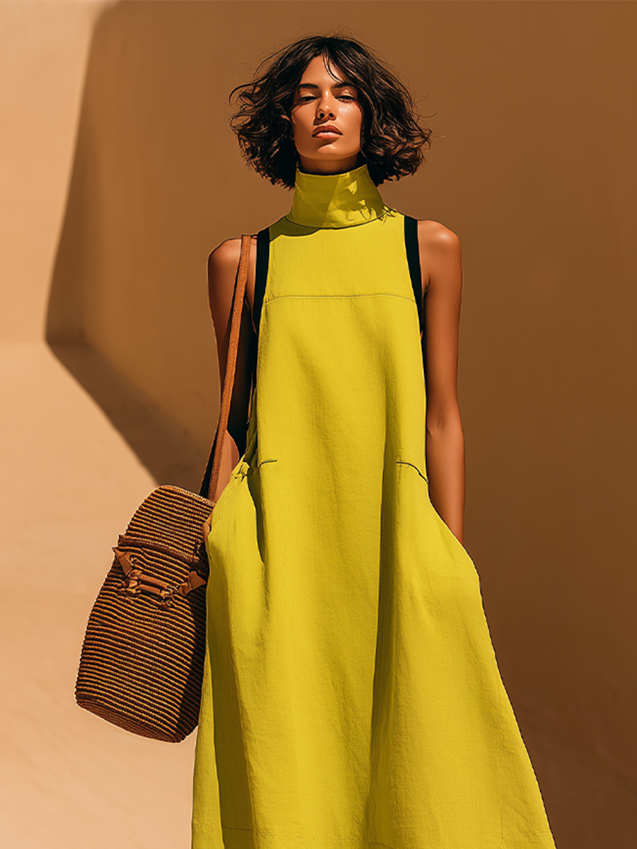 Women's Green Linen Maxi Dress With High Mock Neck & Contrast Trim, Timeless Minimalist-Resort Style Dress