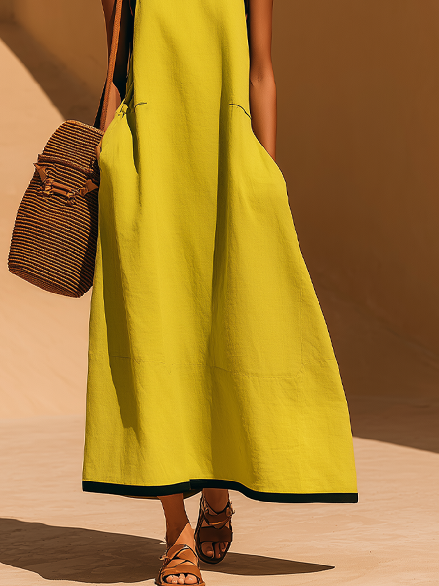 Women's Green Linen Maxi Dress With High Mock Neck & Contrast Trim, Timeless Minimalist-Resort Style Dress