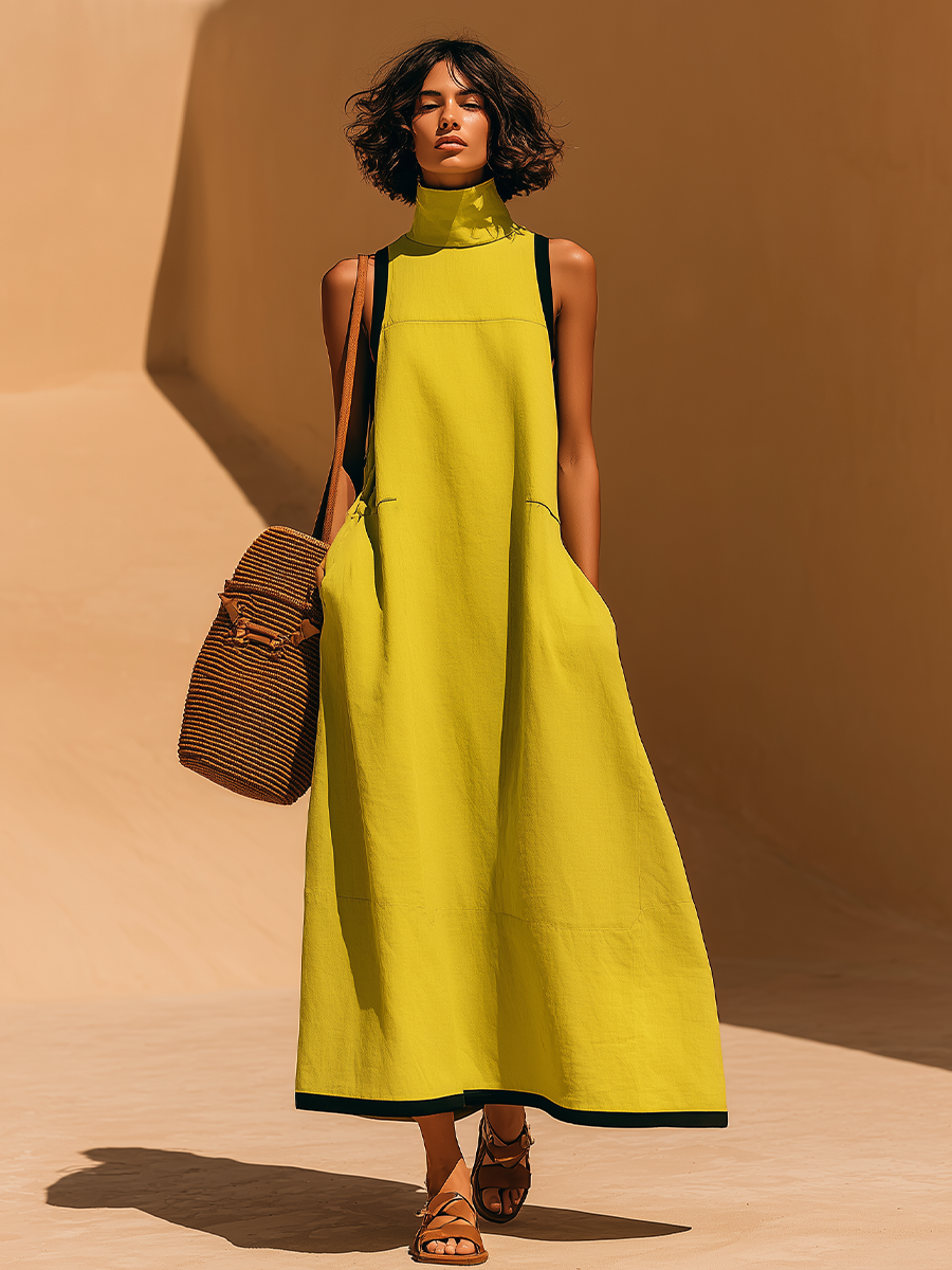 Women's Green Linen Maxi Dress With High Mock Neck & Contrast Trim, Timeless Minimalist-Resort Style Dress