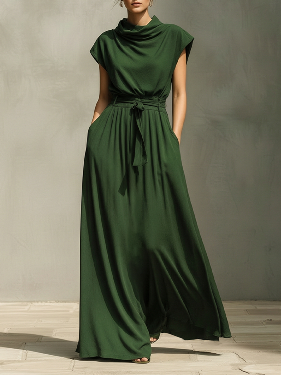 Women's Dark Green Cotton Dress With Cowl Neck & Belted Waist, Timeless Elegant-Resort Style Dress