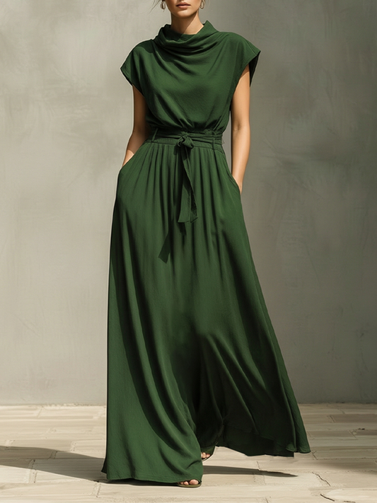 Women's Dark Green Cotton Dress With Cowl Neck & Belted Waist, Timeless Elegant-Resort Style Dress