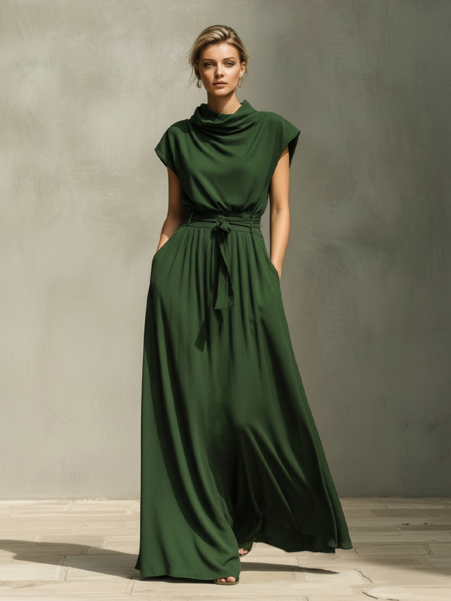 Women's Dark Green Cotton Dress With Cowl Neck & Belted Waist, Timeless Elegant-Resort Style Dress