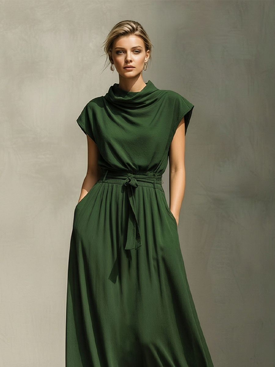 Women's Dark Green Cotton Dress With Cowl Neck & Belted Waist, Timeless Elegant-Resort Style Dress