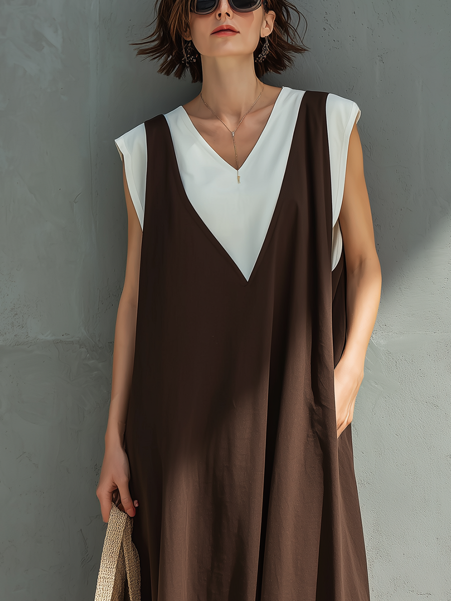 Women’s Boho Brown Linen-Blend Sleeveless V-Neck Oversized Flowy Maxi Dress