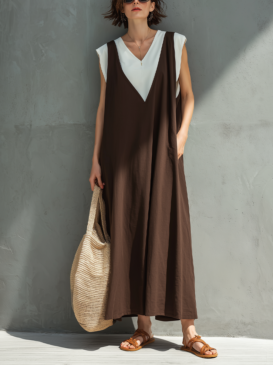 Women’s Boho Brown Linen-Blend Sleeveless V-Neck Oversized Flowy Maxi Dress