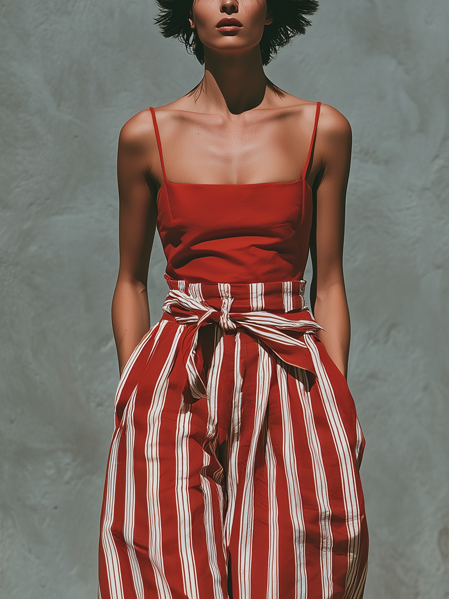 Women’s Red Linen-Blend Square Neck Spaghetti Strap Crop Top & Red White Stripe High-Waisted Wide-Leg Pants Two-Piece Set