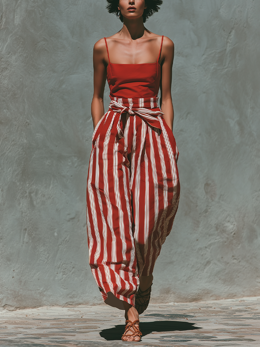 Women’s Red Linen-Blend Square Neck Spaghetti Strap Crop Top & Red White Stripe High-Waisted Wide-Leg Pants Two-Piece Set