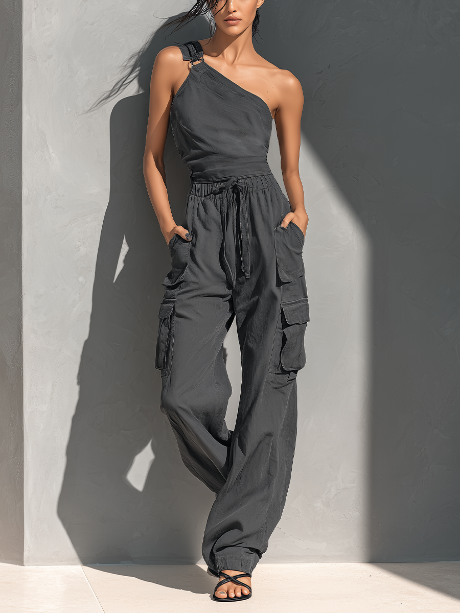 Women's Charcoal Grey Linen-Blend One-Shoulder Tie-Strap Top And Cargo Pants Set
