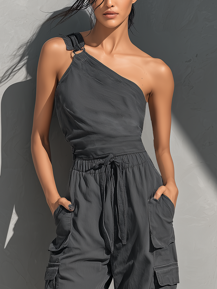 Women's Charcoal Grey Linen-Blend One-Shoulder Tie-Strap Top And Cargo Pants Set