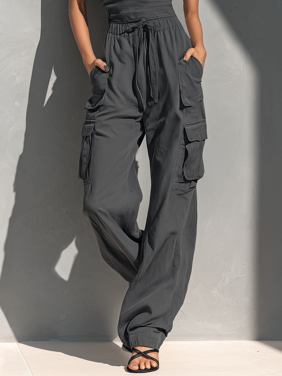 Women's Charcoal Grey Linen-Blend One-Shoulder Tie-Strap Top And Cargo Pants Set