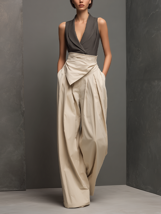 Women’s Dark Gray Shawl Collar Sleeveless Top & Beige High-Waisted Wide-Leg Pants Two-Piece Set